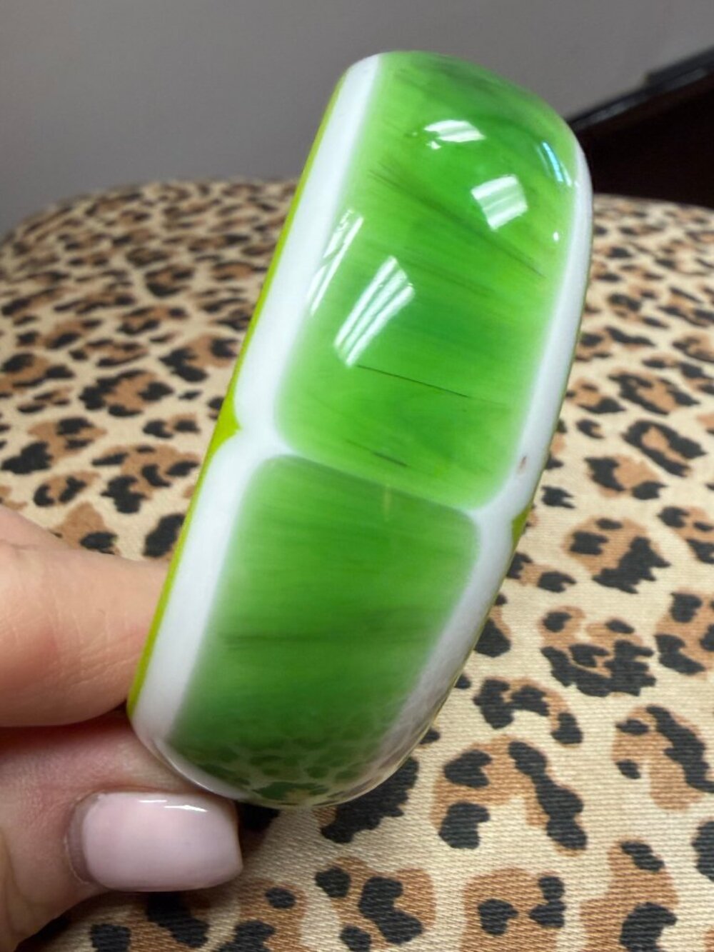 Green White Colorblock Wide Domed Bangle Bracelet Lime Statement Jewelry